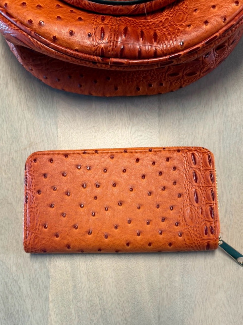 Round Ostrich-Texture Faux Leather Backpack Purse & Matching Wallet - Picture 8 of 11
